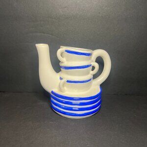 Vintage 1995 Chez Cafe Cardinal Inc White & Blue Pottery Art Mini Coffee Pot